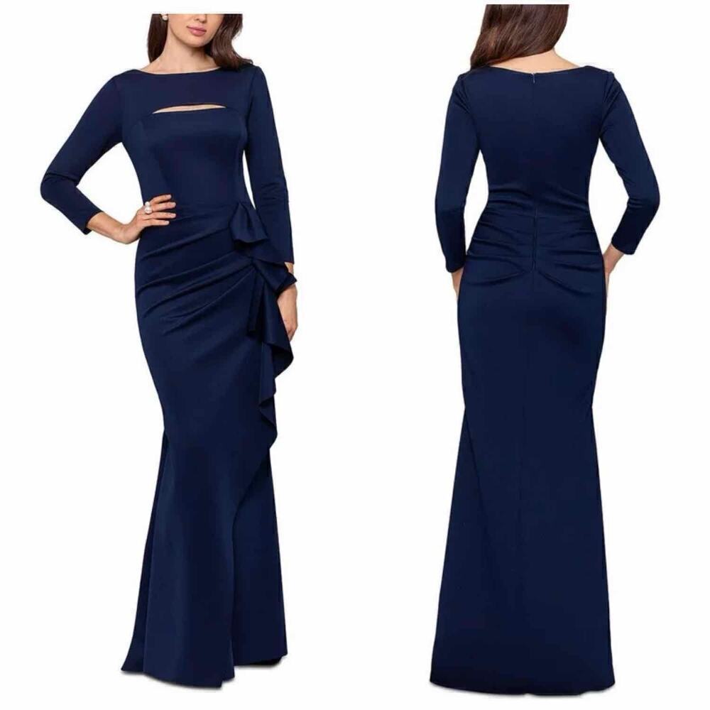 Xscape Boat Neck Long Sleeve Cut-Out Ruched Side Bow Gown Size 14W